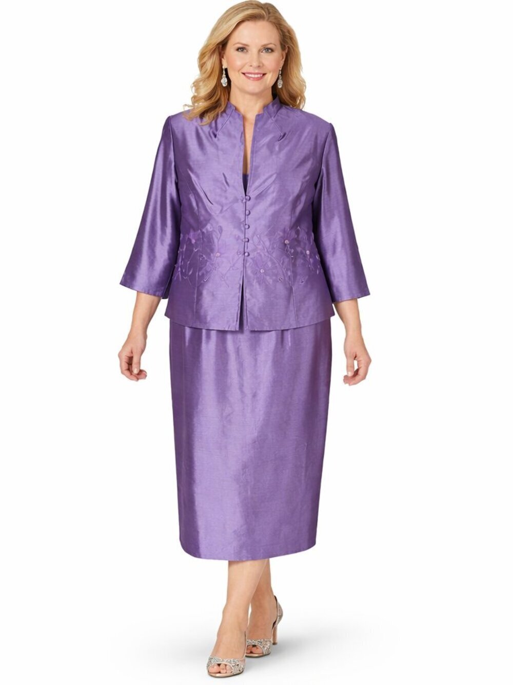 Jessica Howard Midi Dress Suit Size 20 Lavender Embroidered Flowers Pink Pearls